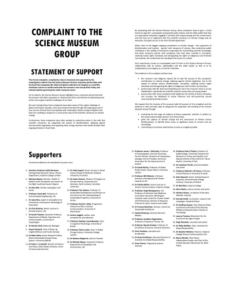 Complaint summary and signatories (single page spread)